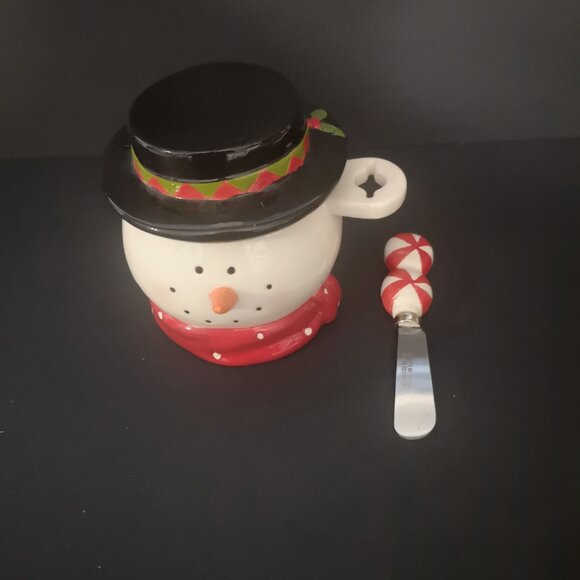 Ganz Holiday Snowman Ceramic Dip Bowl with Lid & Includes Spreader 5" High - Picture 2 of 4